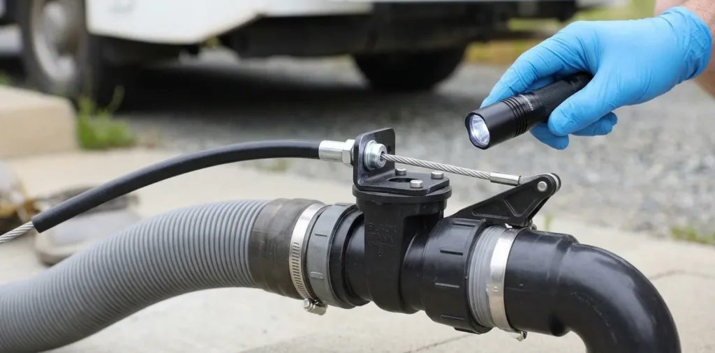 Inspection of an RV waste valve operating cable and mounting bracket.